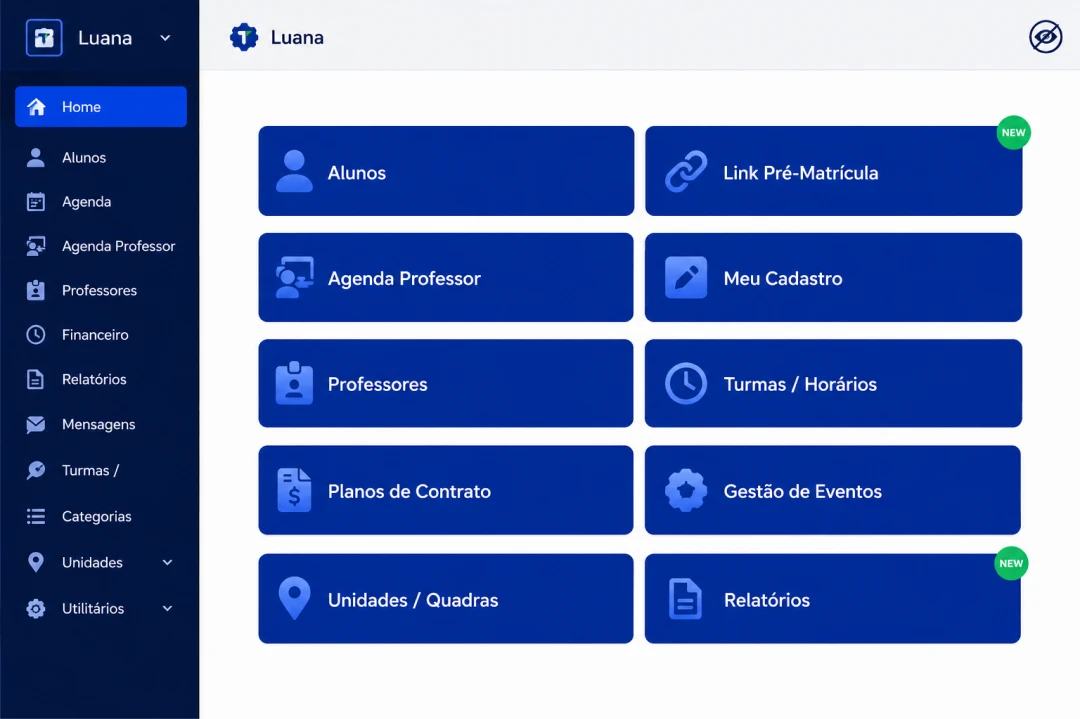 Dashboard T-Panel mostrando painel de controle da escolinha